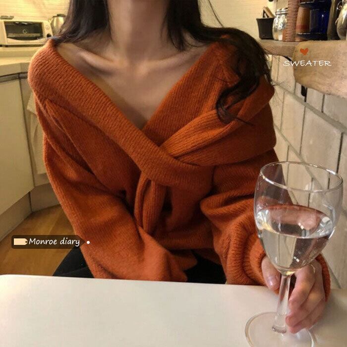 セーター Vネックトップス スタイルオータムウィンタールーズショートニット 秋物 冬物 モンロー30899239583
