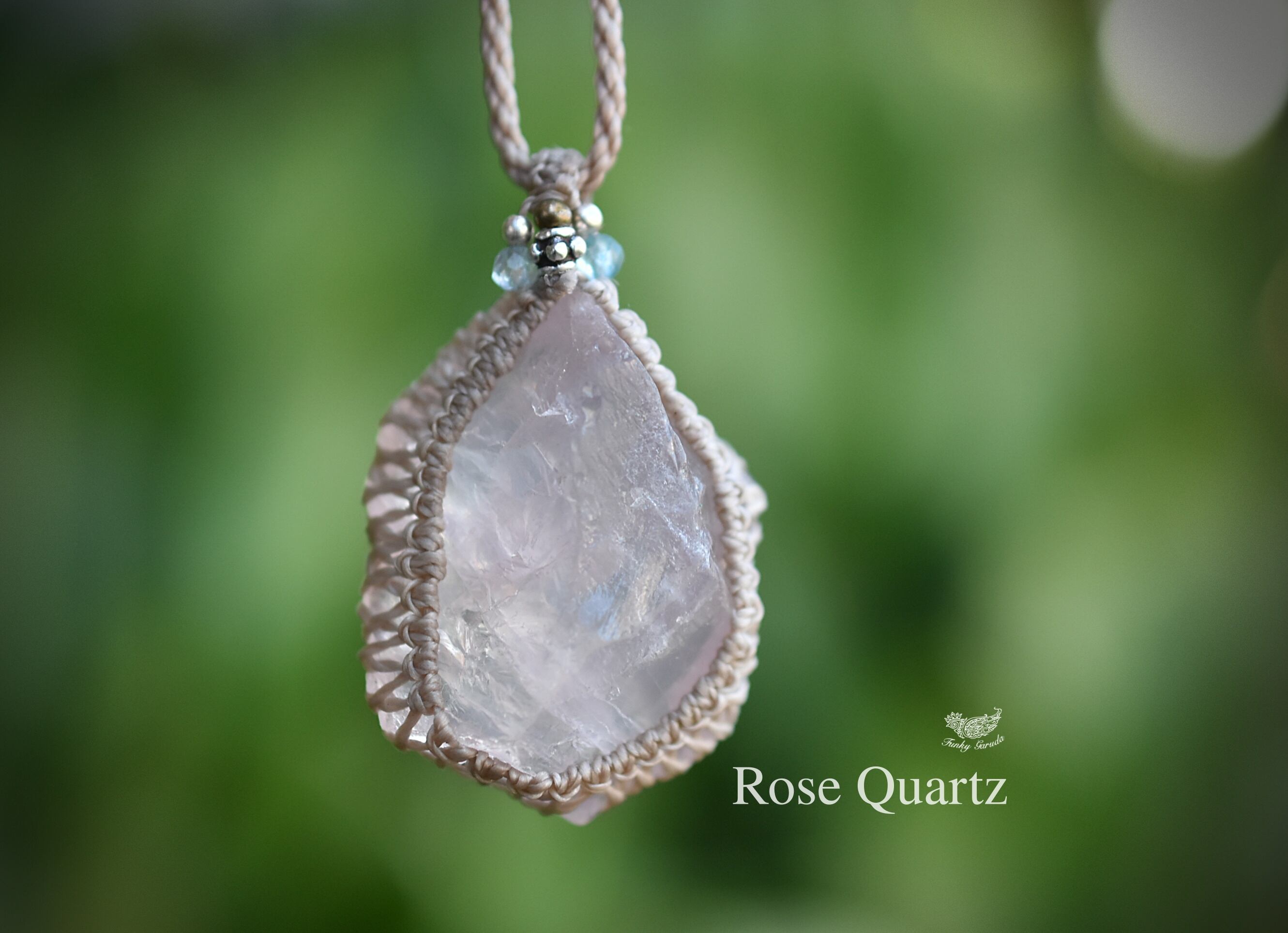 春の色★ローズクォーツ原石マクラメネックレス1010