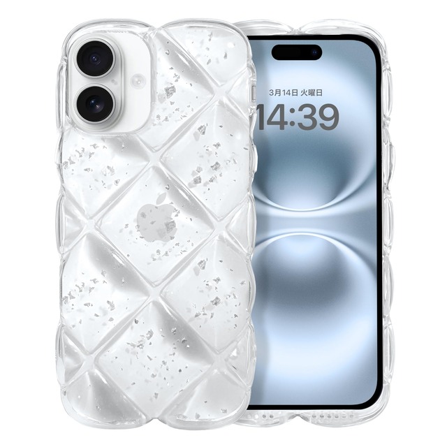 GUAGUA iPhone16 ケース クリア ウェーブ 菱形バック いphone 16 透明 うねうね ケース TPU キラキラ 菱形 凸凹 アルミ箔シルバー 可愛い 韓国 人気 耐衝撃 超軽量 おしゃれ バンパー ストラップホール付き アイフォン16 6.1インチ用 なみなみ カバー（クリア 透明 銀箔 ）