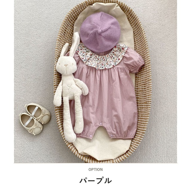 【BABY】フラワーフリル襟小花柄半袖ロンパース - 3