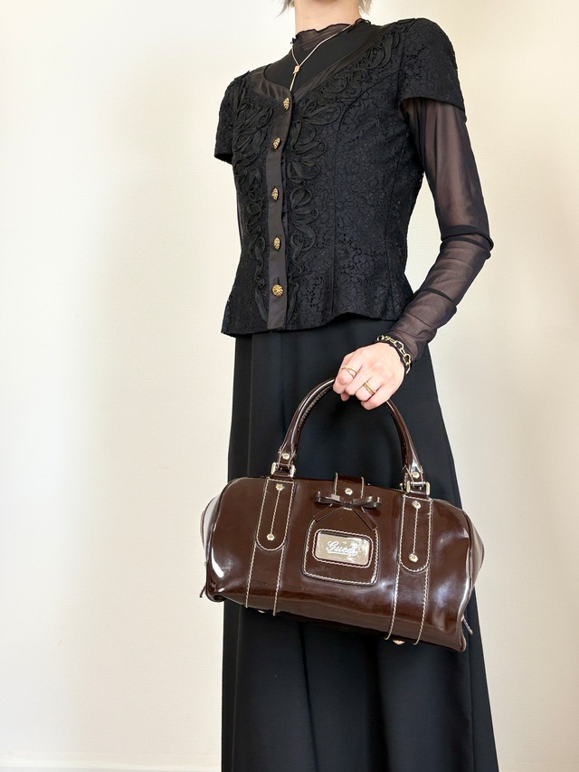 GUCCI グッチ ハンドバッグ ブラウン ベルト リボン エナメル ボストンバッグ vintage ヴィンテージ オールド dan4kc