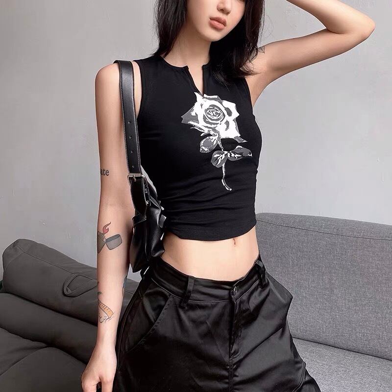 トップス 薔薇 タンクトップ セクシー ダンス クラブ Y2K トップス 黒