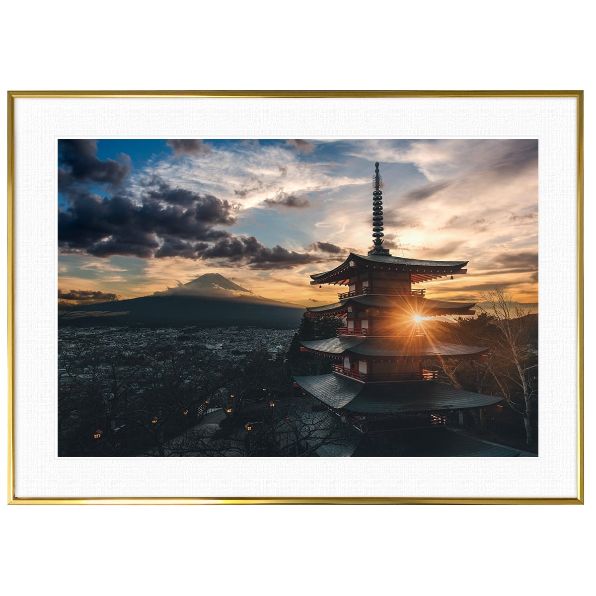 夕日写真 日本 山梨県新倉山浅間公園 五重塔からの富士山 インテリア