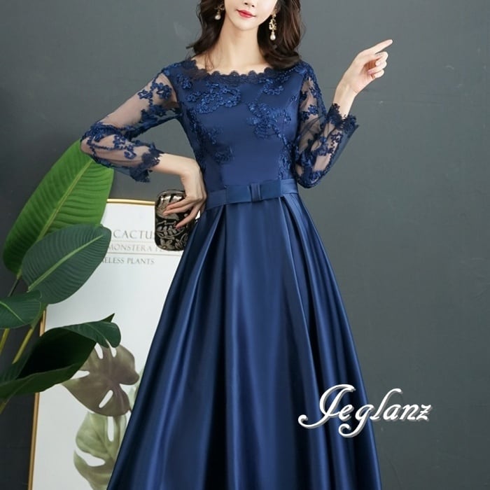 5色 パーティ ドレス ワンピース 切替 レース 立体リボン 7分袖(M8891)ζ