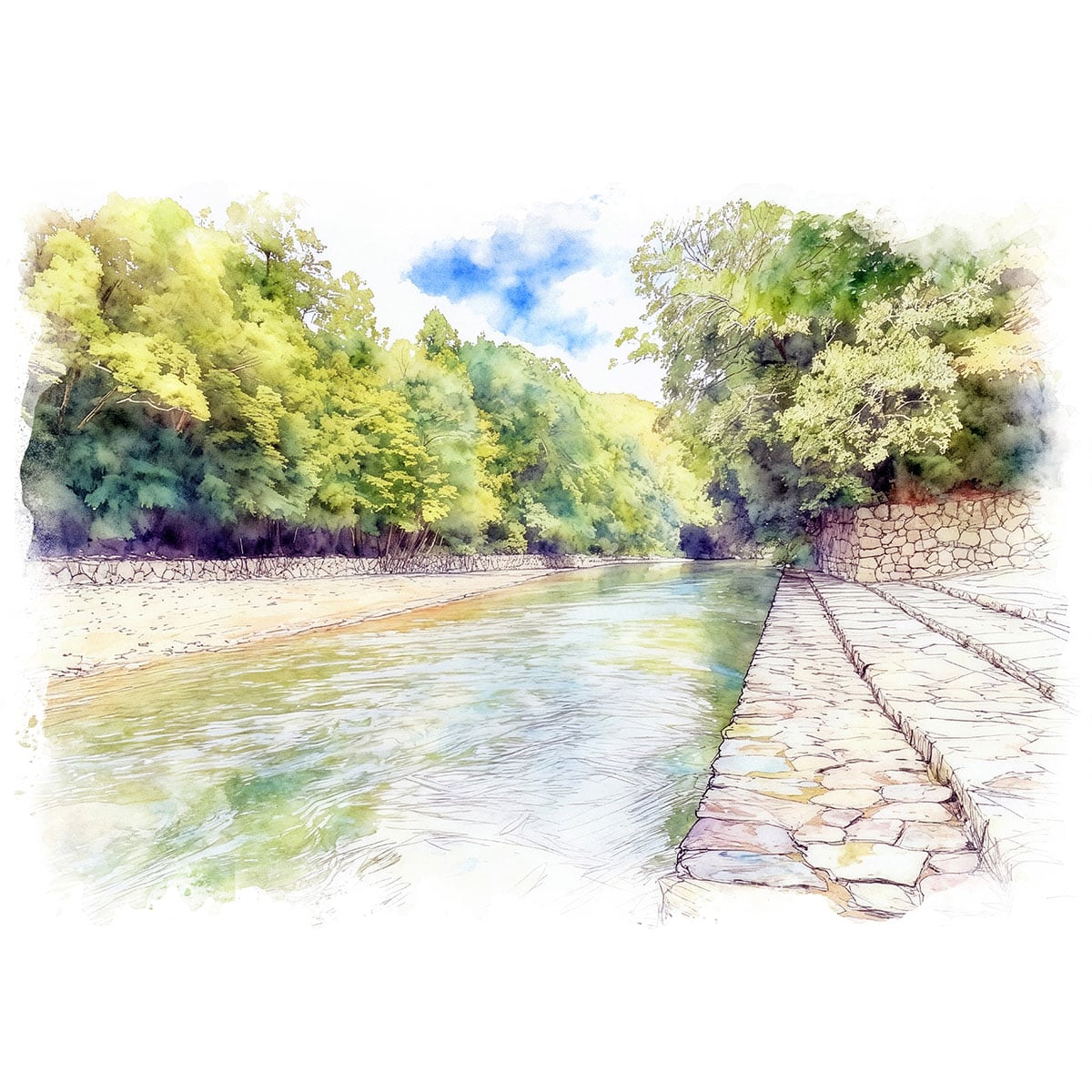 絵画 風景画(街並み) 日本 三重県 伊勢神宮内宮 五十鈴川 インテリア