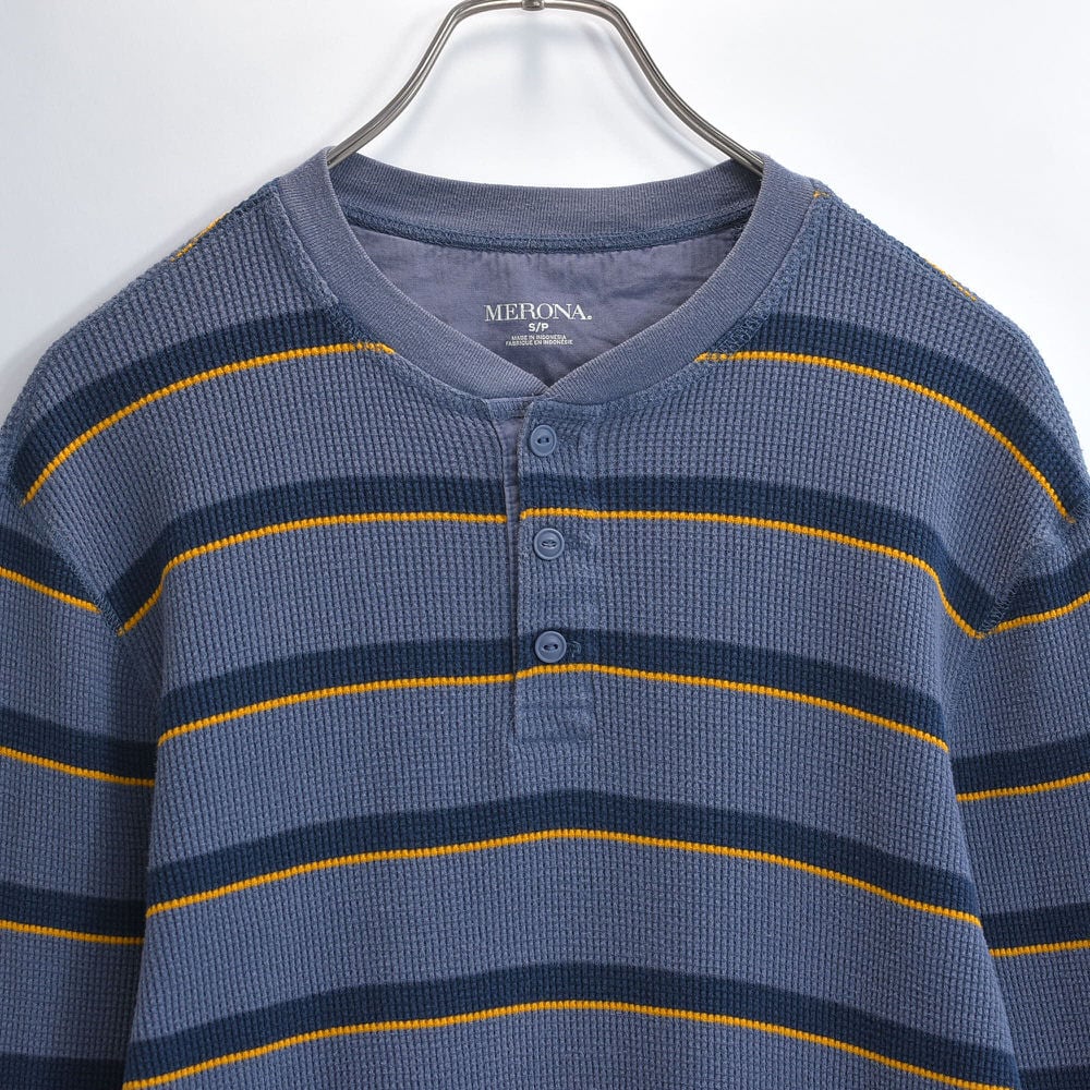 00s~ MERONA メローナ ヘンリーネック デザイン サーマル ワッフル ボーダー ロンT ロングスリーブ Tシャツ カットソー ヴィンテージ ビンテージ USA アメリカ古着 メンズSサイズ