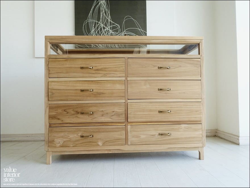 「 D 様 サイズオーダー家具 」チーク無垢材 ショーケース付チェストN 整理タンス ナチュラル ガラスケース 収納 真鍮金物 銘木家具