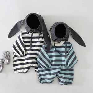 【春作】ウサギ帽子付きボーダーオールインワン　全2色
