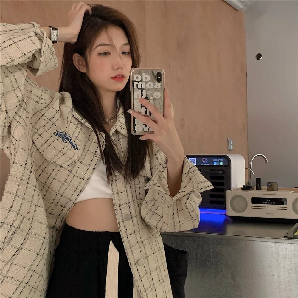 送料無料】トップス アウター ブルゾン ジャケット チェック柄文字刺繍