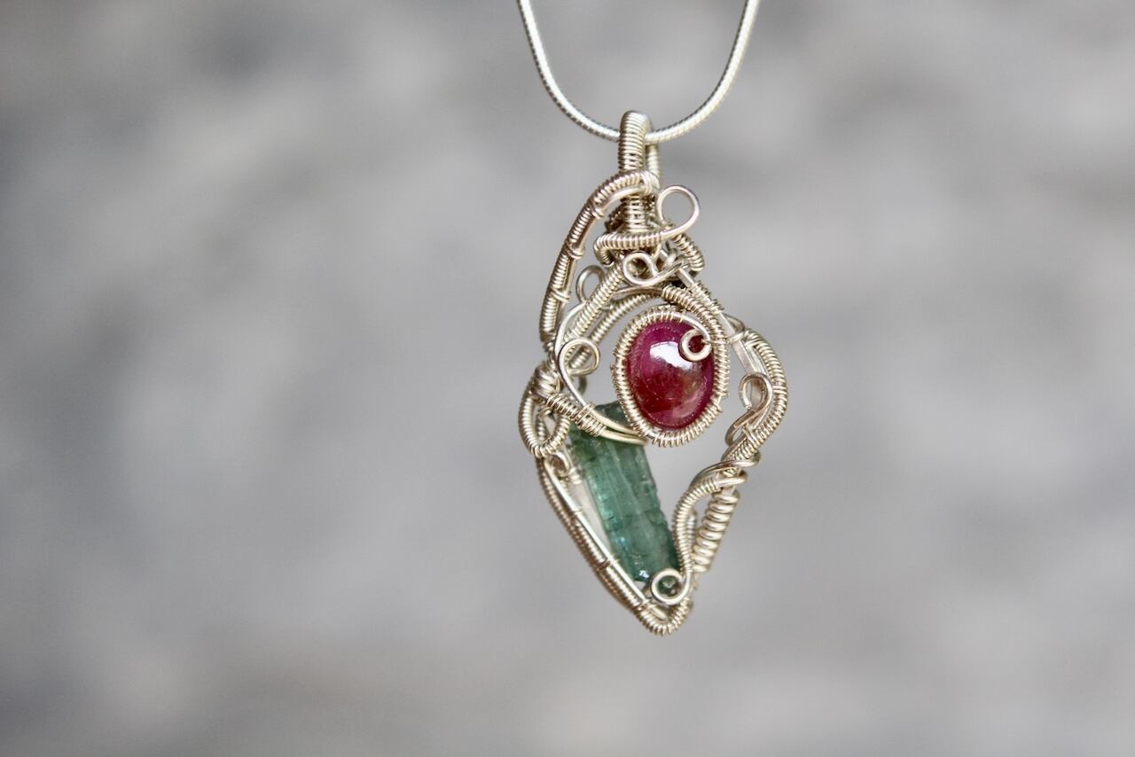 Green & Pink Tourmaline silver925 wire wrapping pendant