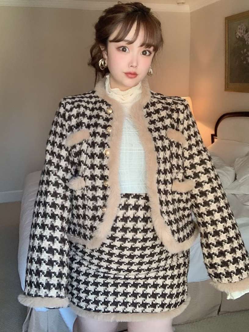 千鳥柄ファー付きセットアップ スーツ ジャケット スカート 千鳥格子 大きいサイズ 韓国 Ch3168 可愛い大きいサイズ韓国レディースファッション通販 Chulachula チュラチュラ