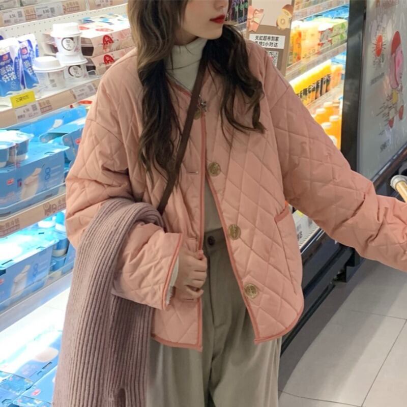 ショートジャケット レディースウィンター格子柄ウール ピンク コットン 冬物 萌量不足54607661266