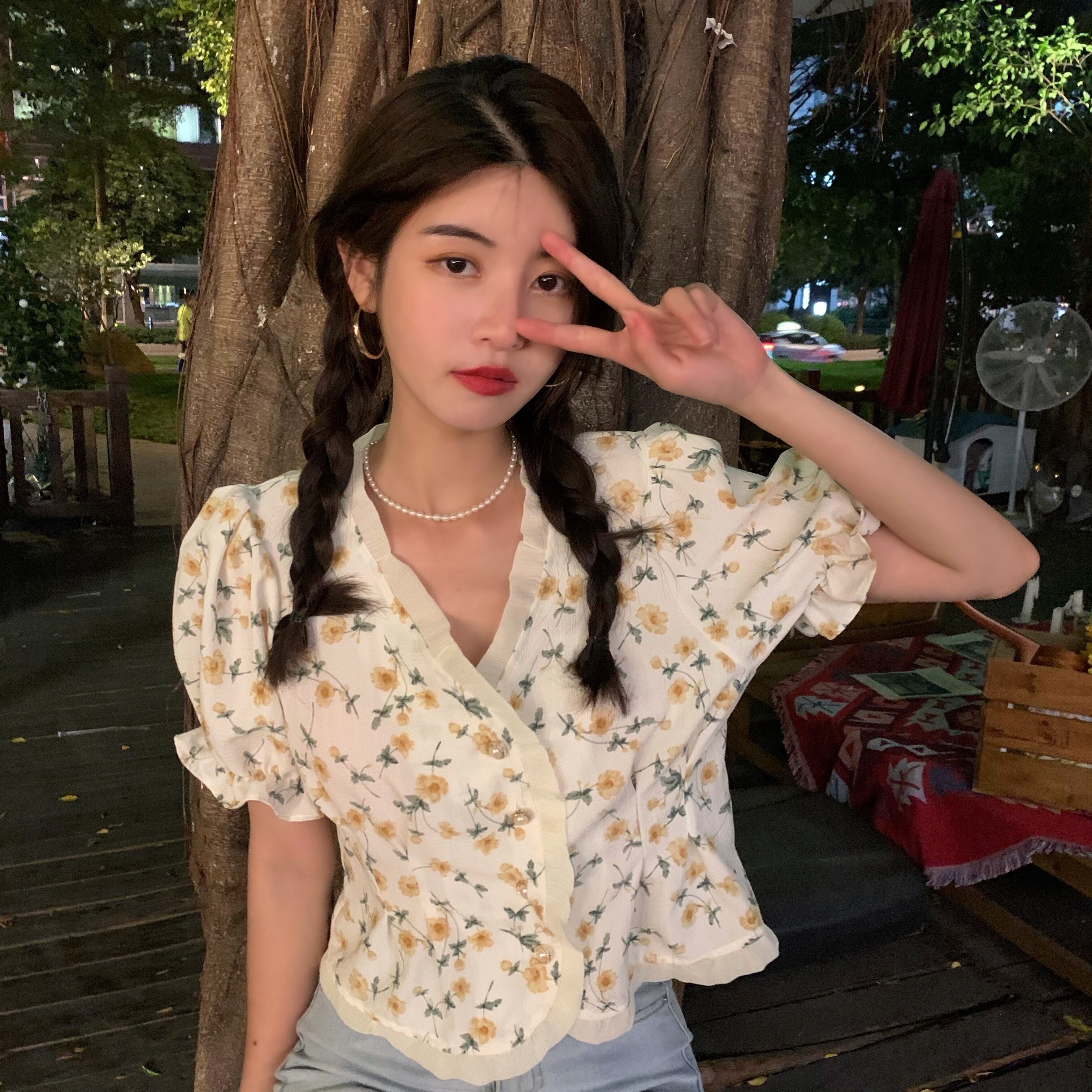 ショートシャツ レディースサマースタイルスリーブフローラルトップス 大人ガーリー スウィート キュート カジュアル 夏物 花柄 YY-ファッション46978420594