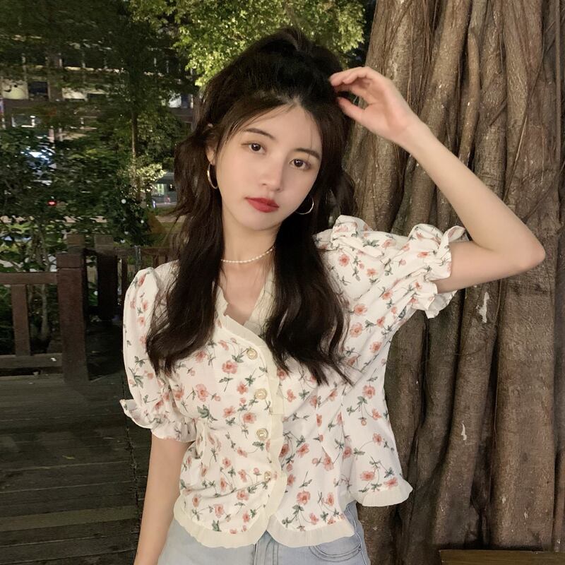 フローラルショートシャツ レディースサマー薄手トップス 夏物 花柄 試着室6704795201