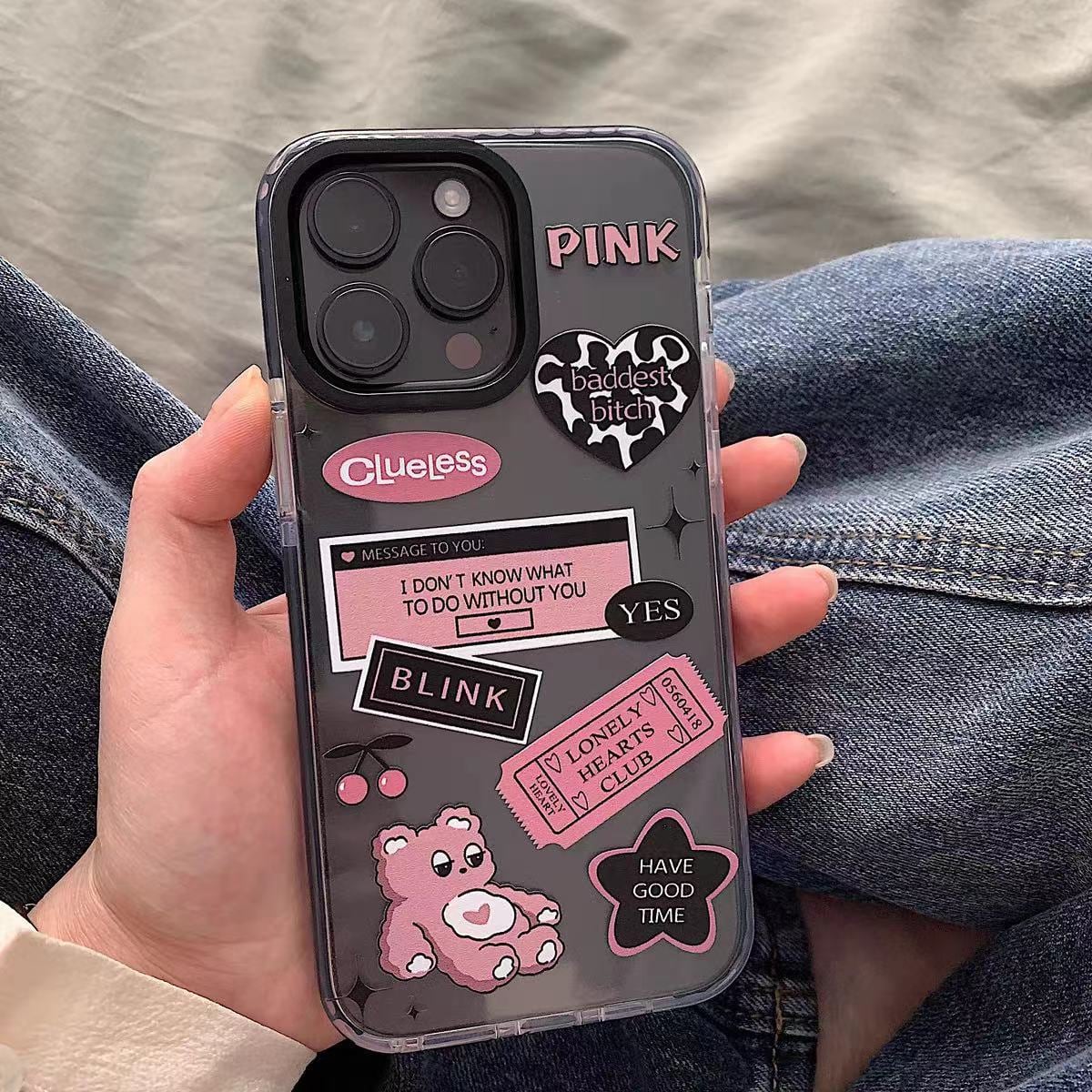 iPhone全機種対応】トレンド◎テディベア PINK×BLACK クリアケース