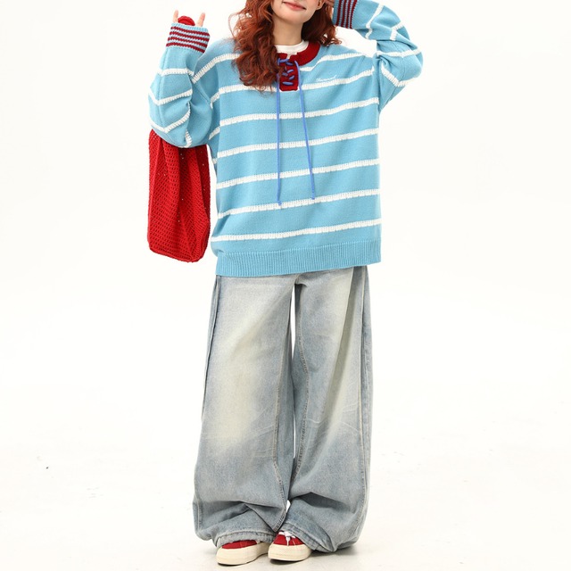 blue striped lace-up knit　ブルーボーダーレースアップニット　J1499