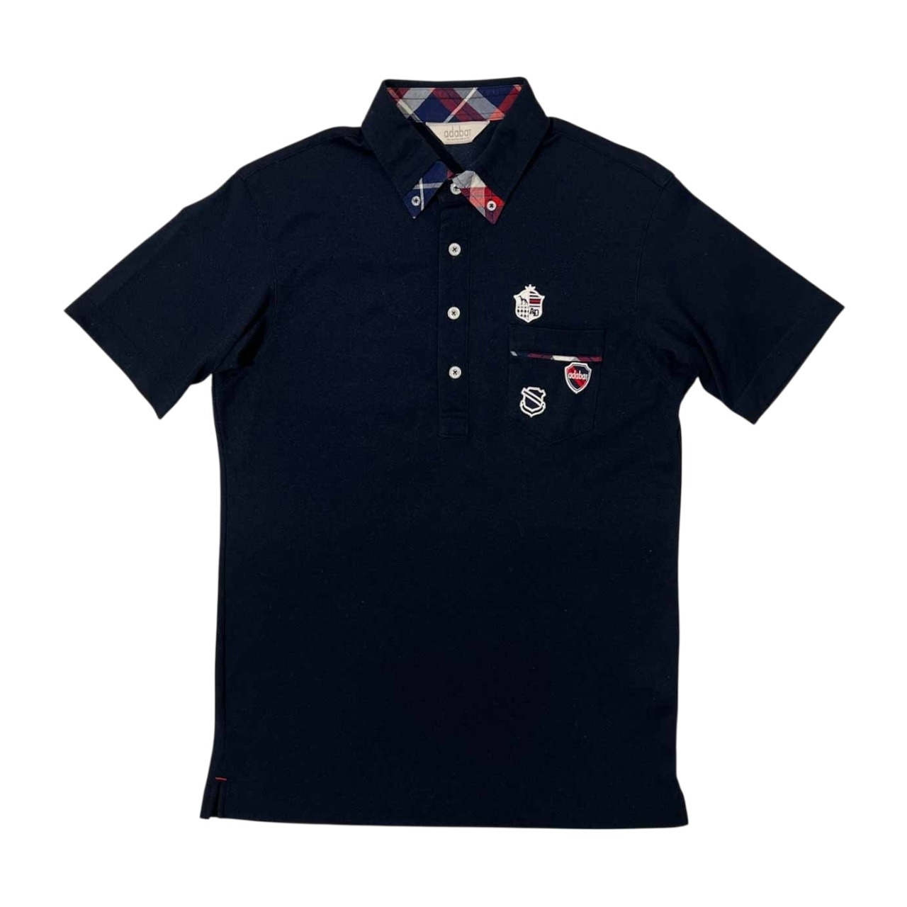 美品 adabat アダバット チェック柄切替 ポケット付き BD 半袖 ポロシャツ サイズ 46 /メンズ/ネイビー/ゴルフ/ワールド/日本製