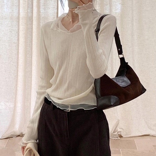 Sheer collar ribbed tops　V2789