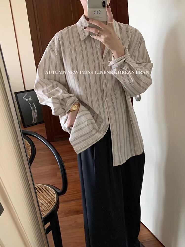 ストライプルーズシャツ レディースカラー長袖スリーブ薄手ジャケット ロング ビッグFスモールZ韓国47784621260