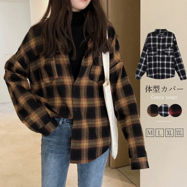 3色 ブラウス シャツ レディース 長袖 韓国 チェック 柄 黒 コーデ おしゃれ まるの樹 Fashion