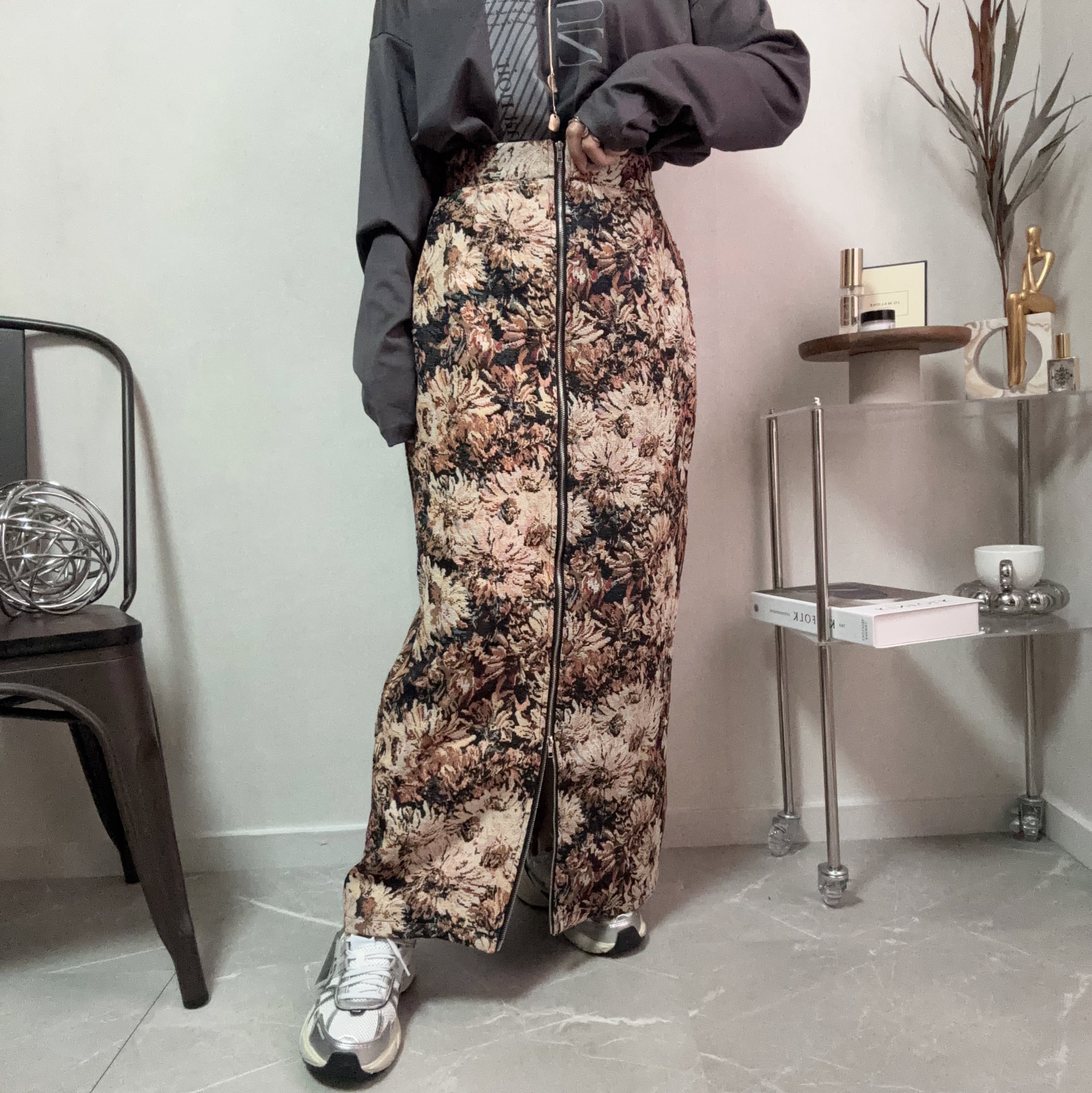 front zip flower tight skirt【Brown】