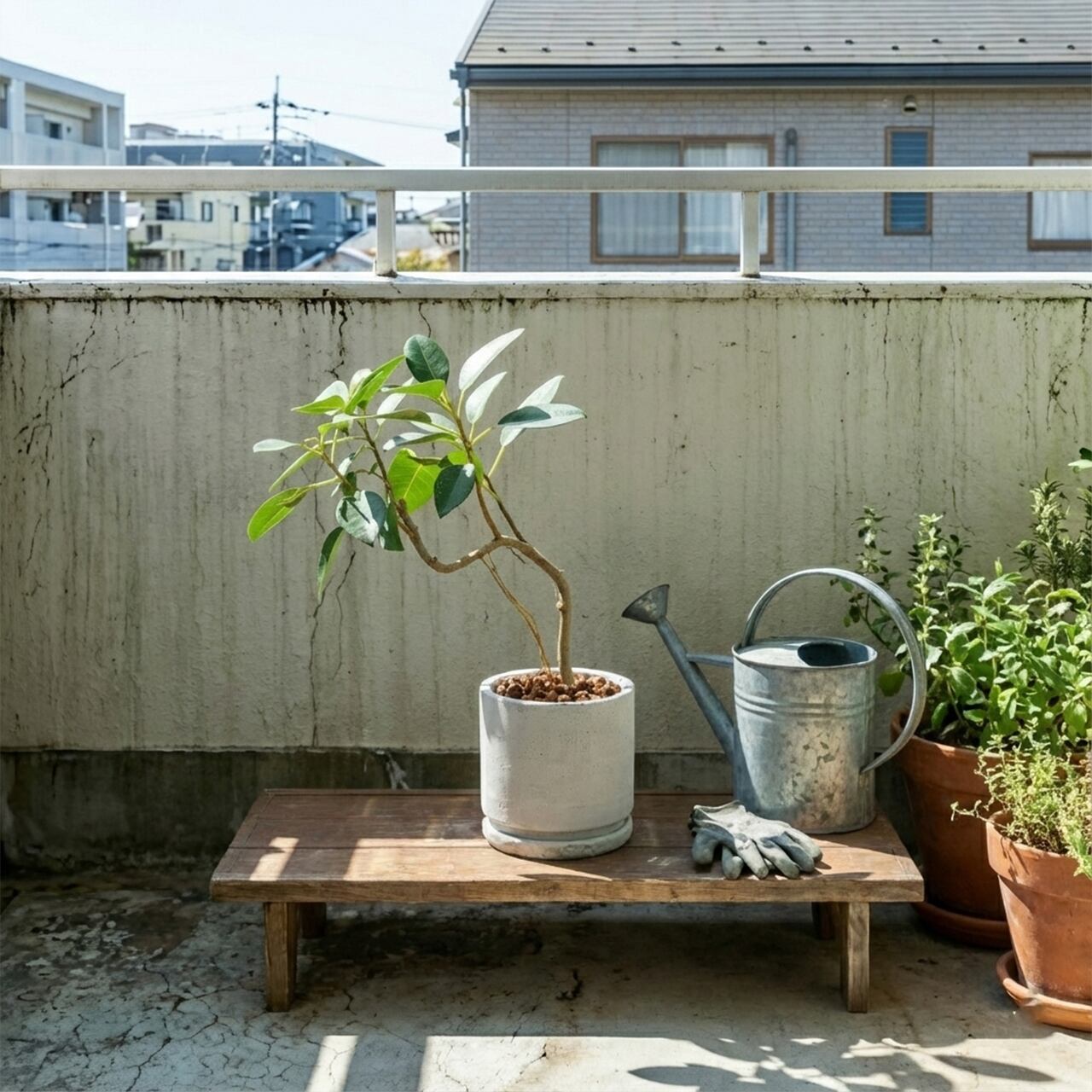 【良樹形】フランスゴムの木 幹曲がり モルタル鉢 観葉植物 初心者でも安心 育て方カード付 ■虫発生抑制