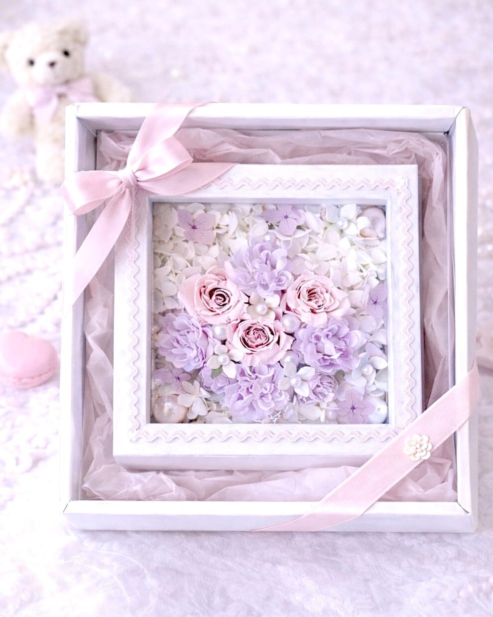 ことばの花束フラワーフレーム【HGF-02】縦横15㎝│ 木枠ガラスフレーム｜ ピンクローズ│ギフト｜ 記念日│誕生日│お餞別に