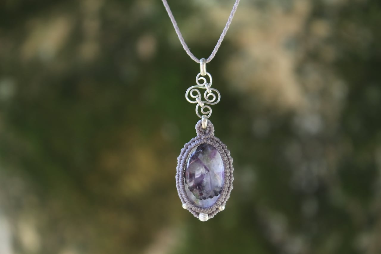 Trapiche amethyst silver925 wirework micro macrame pendant