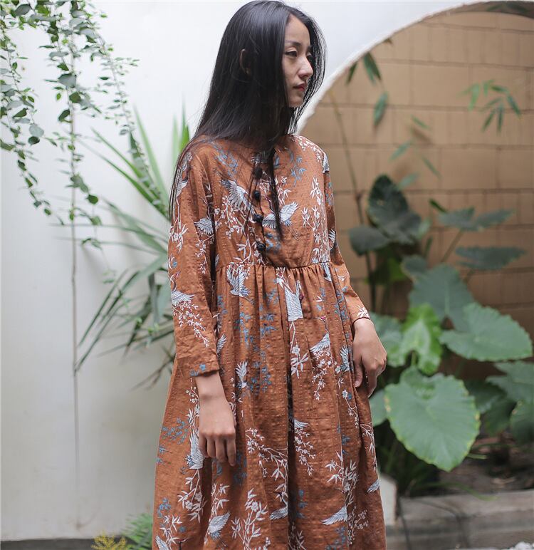 サマープリント柄ハイウェストウェストスタンダードボタンドレス レトロ 夏物 Yiranxuaディースワード26906584970