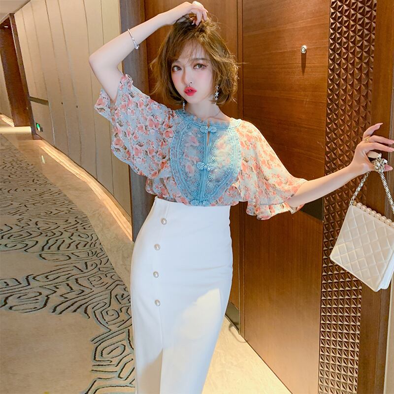 スタイルレースプリントシャツ サマー 夏物 シルク ステッチ MIUCO79824288590