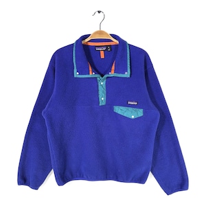 80-90s パタゴニア USA製 スナップT シンチラ ヴィンテージフリースジャケット 青紫 エメラルド PATAGONIA サイズS 古着 DD0454
