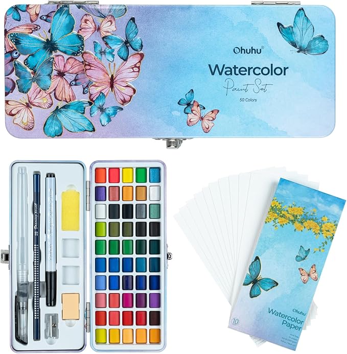 Ohuhu 固形水彩 水彩絵の具 50色 絵の具セット 水彩画 絵具 鮮やか