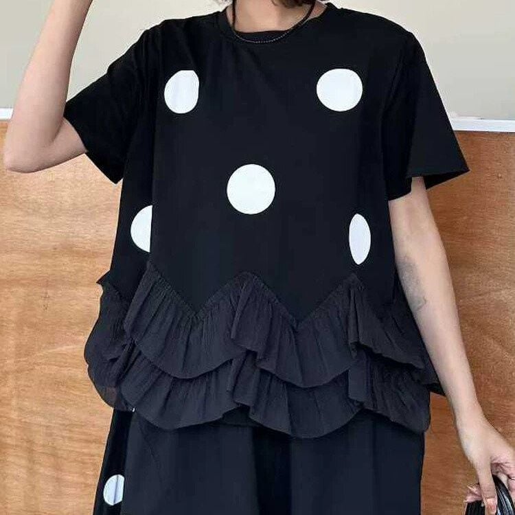 POLKA DOT MESH LAYERED SHORT SLEEVE T-SHIRT M-16856