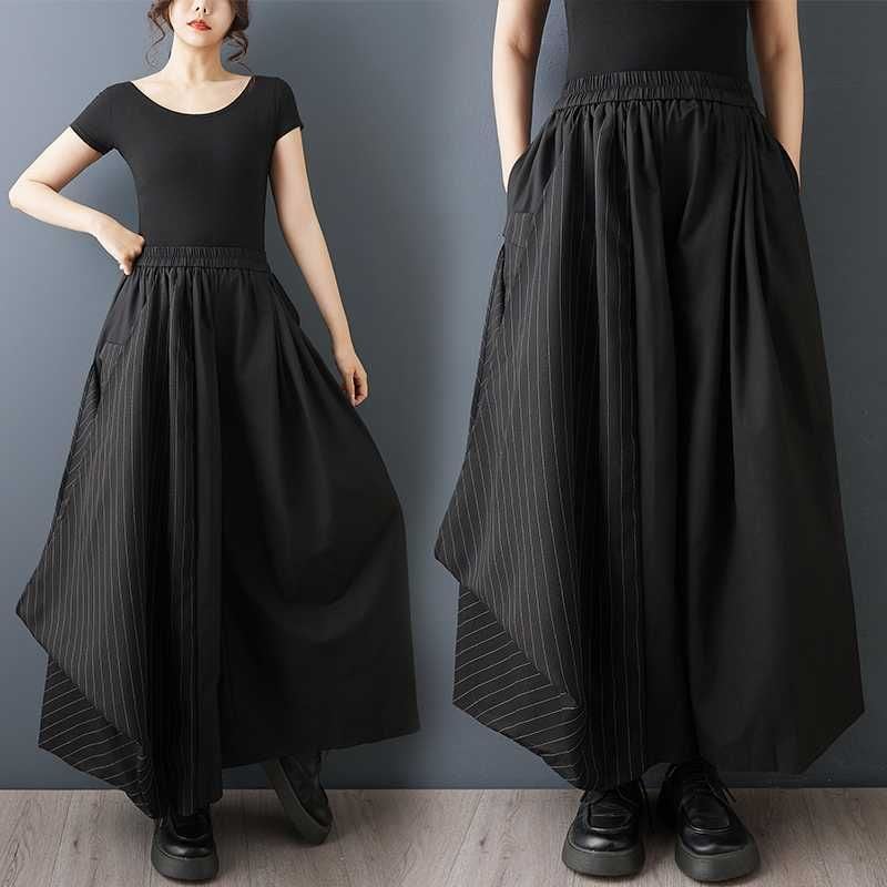 BLACK ELASTIC WAIST A-LINE WIDE LEG DESIGN PANTS 1color M-16164