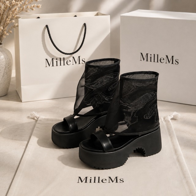 mesh overlay platform sandals m0114