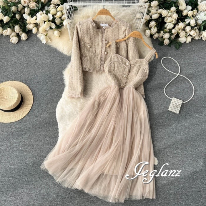 セットアップ 2点 ツイード ジャケット 異素材 チュール ワンピース(M8673)ι