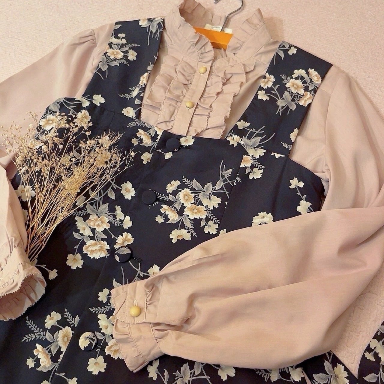 black flower front button jumper skirt