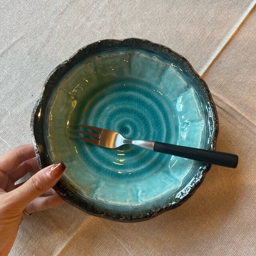 均窯トルコブルー手作り風煮物鉢　中鉢 日本製 美濃焼 和食器　トルコブルー　ブルー　Plate　Blue