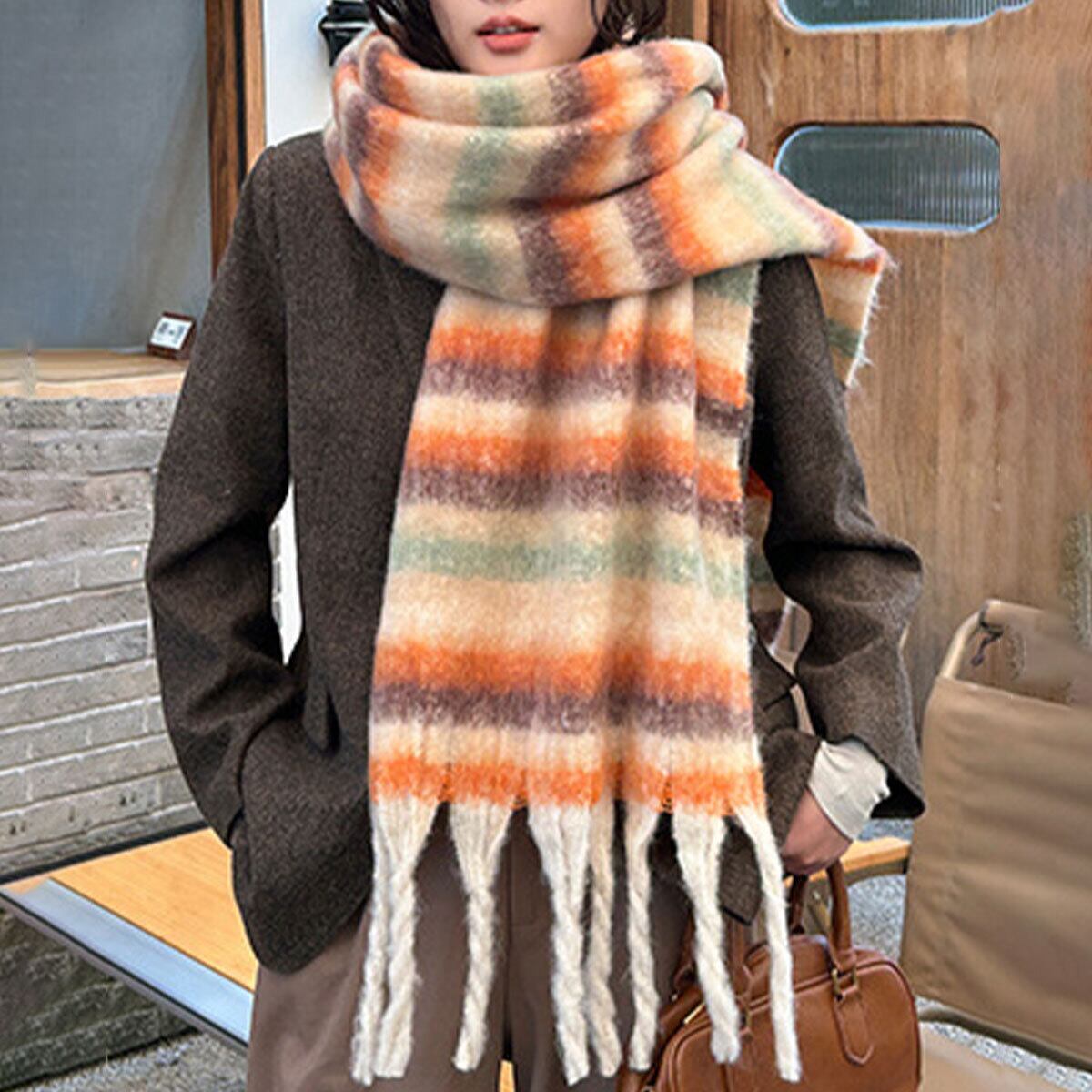 ボリューム マフラー 大判 レディース 秋冬 韓国 ふわふわ もこもこ 防寒 保温 おしゃれ ボーダー柄 フリンジマフラー 通勤 通学 暖かい 大人可愛い 大人女子