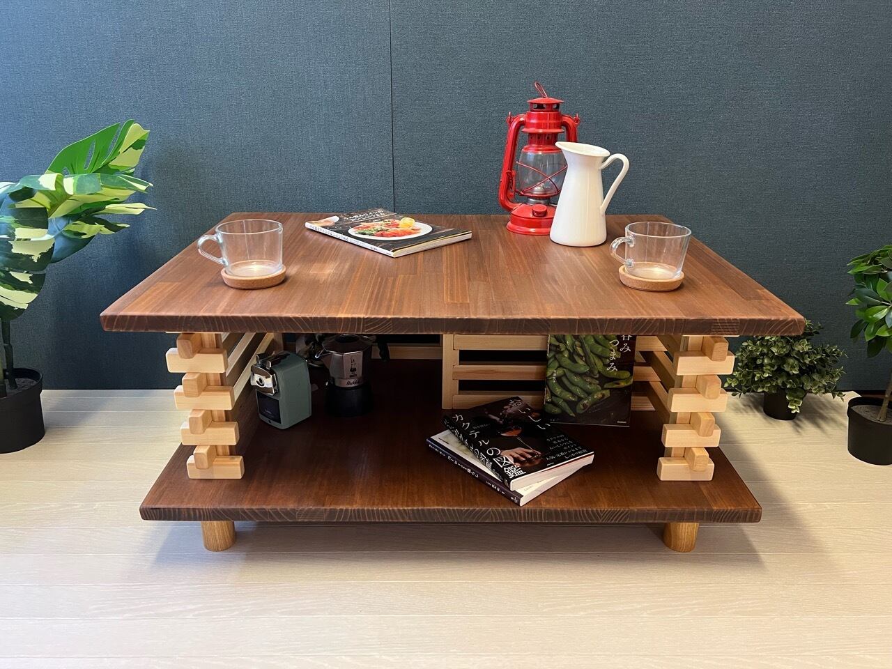 【送料無料】 ローテーブル 和風 木組格子形 90cm パイン ウォルナット 送料無料】 ローテーブル 和風 木組格子形 90cm パイン ウォルナット