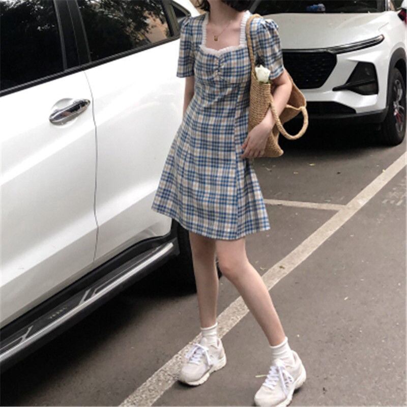 【新作】【送料無料】 香港スタイルレトロスクエアカラーチェック柄ドレス女性のための 2022 夏の新女神モデル山本スタイル痩身 a ラインショートスカート 0265610646749