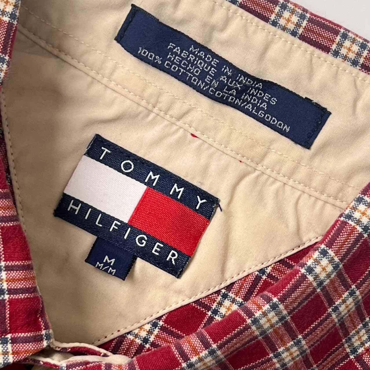 90s TOMMY HILFIGER トミーヒルフィガー チェック BD ボタンダウン オックスフォード 半袖シャツ M/レッド メンズ ビンテージ