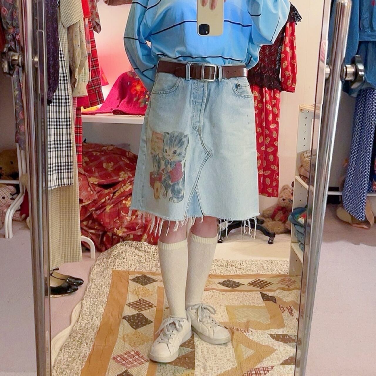cat printed denim skirt