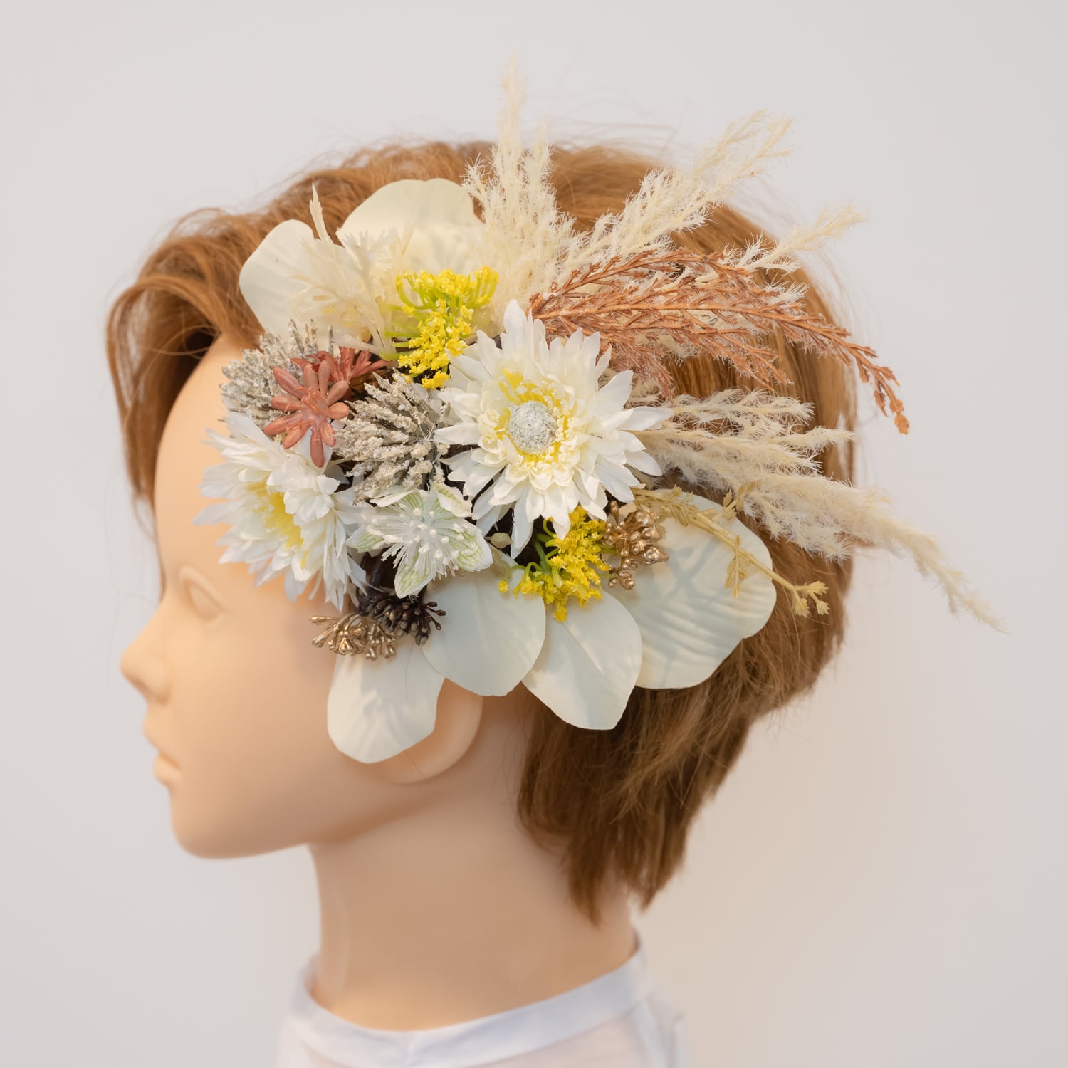 【ショートヘアーやベリーショートの花嫁様に】ドライフラワー風ヘッドパーツG　秋冬のBOHO（ボーホー・ボヘミアン・ボタニカル）結婚式や二次会・フォトウェディングのパンパスグラスの髪飾り・和装前撮りにも