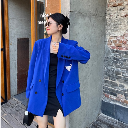 ジャケット レディース ダブルブレスト 胸元デザイン ジャケット レディース ブルー ワンポイント ジャケット レディース シンプル 袖ボタン ジャケット レディース ダブルブレスト 胸元デザイン