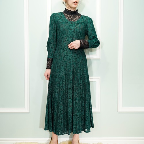 USA VINTAGE All That Jazz GREEN COLOR ALL LACE DESIGN ONE PIECE/アメリカ古着グリーンカラー総レースデザインワンピース