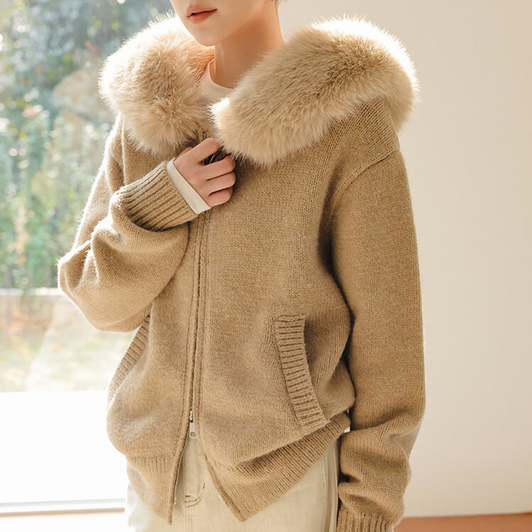 ファーフード付き ジップアップ ニット カーディガン 1col H11130