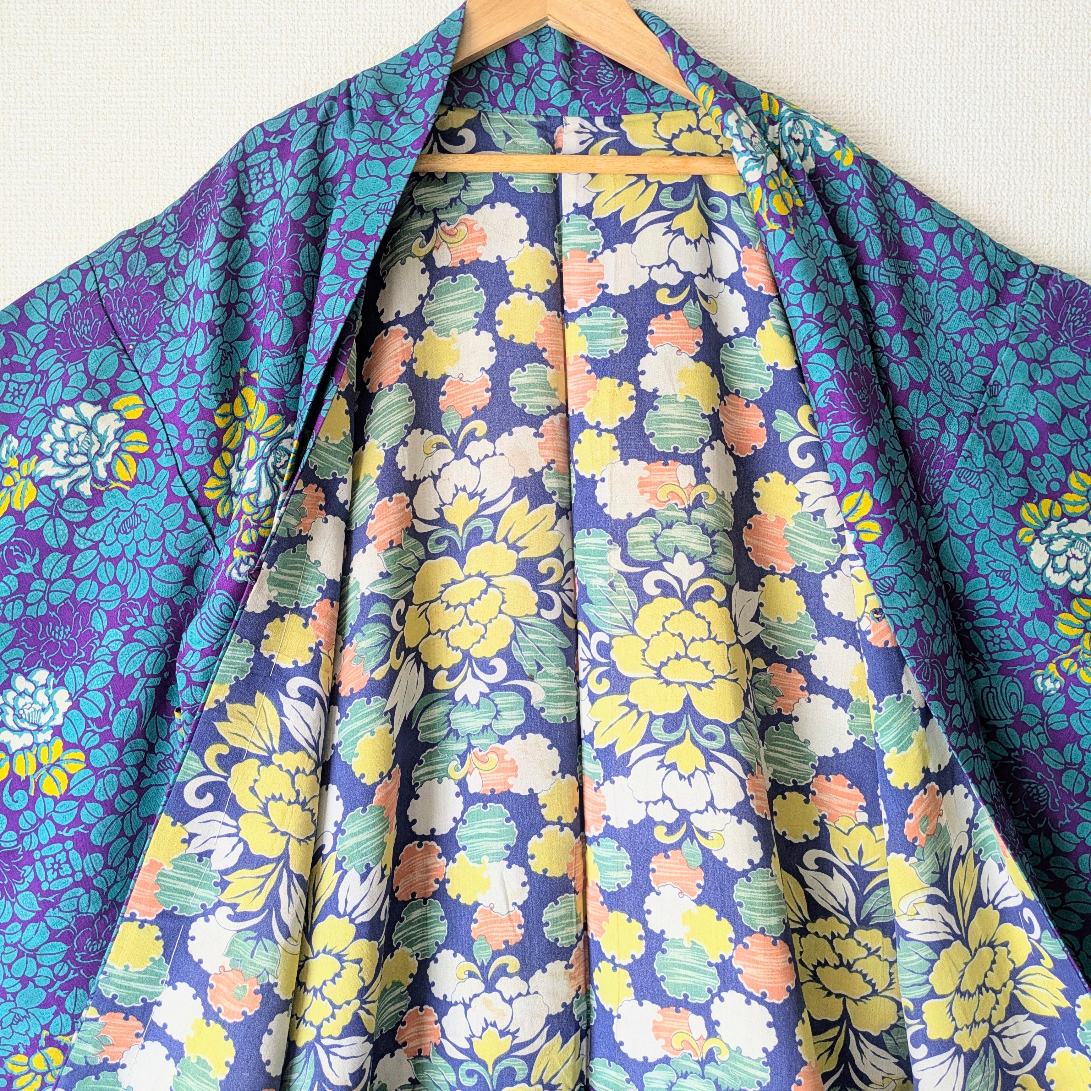 Vintage】HAORI 長羽織 羽織 正絹 型染 椿柄 大正浪漫 古布 時代布