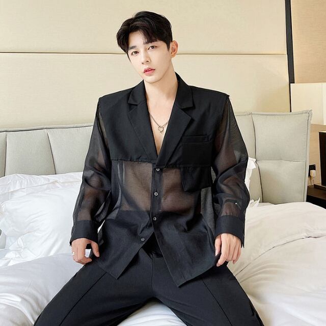 【予約販売】シャツ 長袖 透け感 肌見せ シアー メンズ 無地 深Vネック ホワイト ブラック カジュアル シック 結婚式 フォーマル こなれ感 お洒落 韓国 トレンド 春 秋 夏 M/L/XL