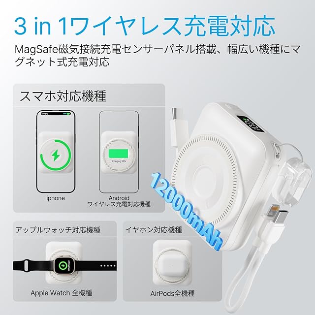 モバイルバッテリー【2026新登場】12000mAh容量 Magsafe対応 3in1